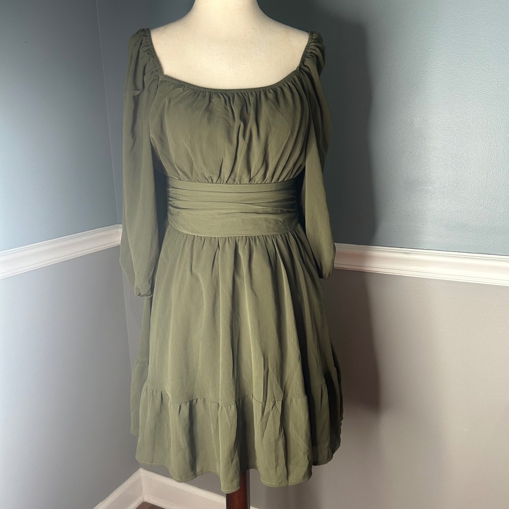 EXLURA Olive Green‎ Dress Smocked Waist Tie Back Long Sleeve Mini Dress small